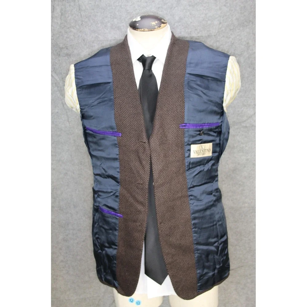 VTG Valentino Boutique Blazer Men 38R Brown Check Pure Cashmere Sport Coat Italy - Picture 8 of 16